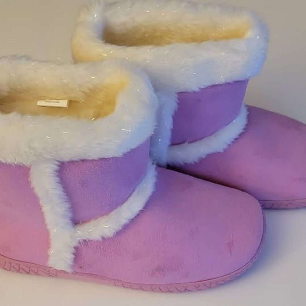 Women's Cozy Ankle Length Pink Suede Slipper Boots with Sparkly Fur Accents New